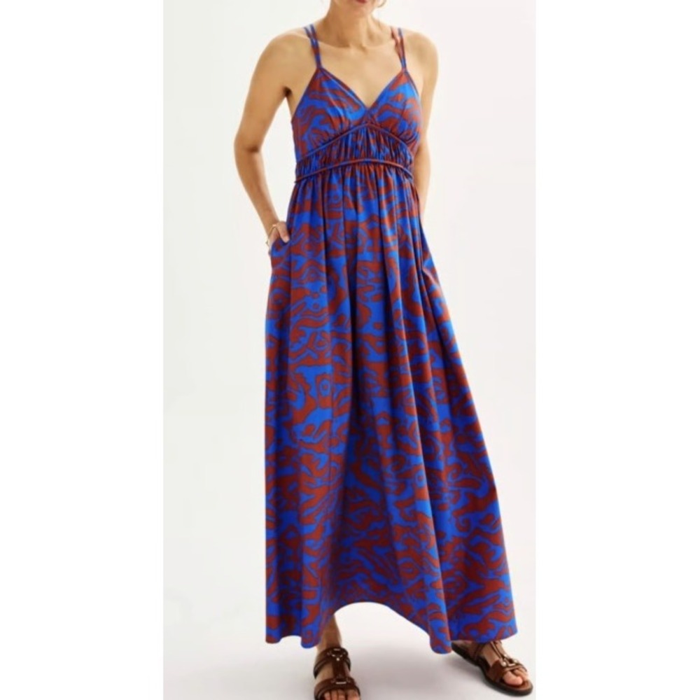 Nine West Womens XXL Blue Rust Abstract Double Strap Smocked Midi Slip Dress NEW